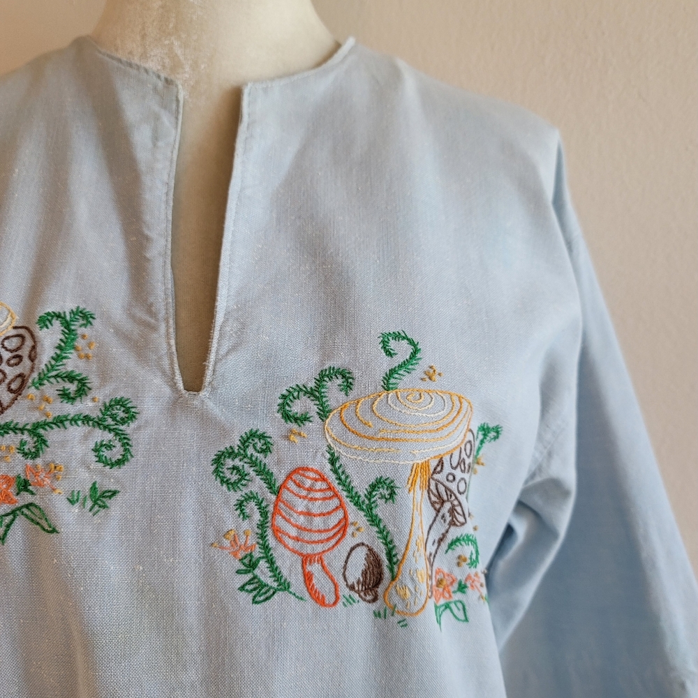 VTG 70s Embroidered Mushroom Denim Caftan Dress - Picture 5 of 16